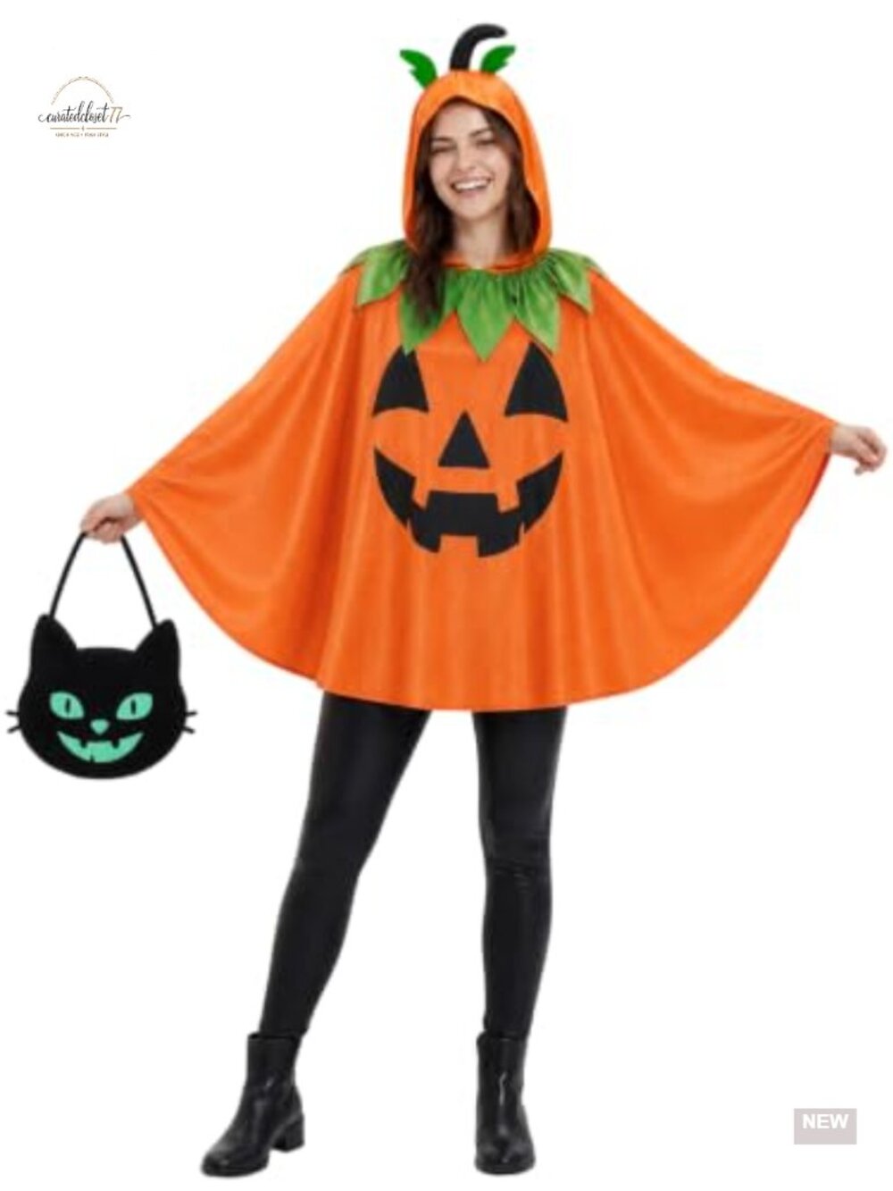 Adult Pumpkin Poncho Costume Hooded Cape with Black Cat Tote Bag Halloween